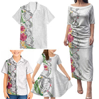 Hawaii DNA Kakau Tattoo Family Matching Puletasi and Hawaiian Shirt with Plumeria and Hibiscus Tropical Plants White Color LT03 - Polynesian Pride