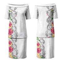Hawaii DNA Kakau Tattoo Family Matching Puletasi and Hawaiian Shirt with Plumeria and Hibiscus Tropical Plants White Color LT03 Mom's Dress White - Polynesian Pride