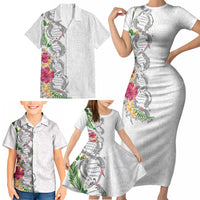 Hawaii DNA Kakau Tattoo Family Matching Short Sleeve Bodycon Dress and Hawaiian Shirt with Plumeria and Hibiscus Tropical Plants White Color LT03 - Polynesian Pride