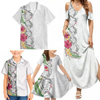 Hawaii DNA Kakau Tattoo Family Matching Summer Maxi Dress and Hawaiian Shirt with Plumeria and Hibiscus Tropical Plants White Color LT03 - Polynesian Pride