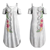 Hawaii DNA Kakau Tattoo Family Matching Summer Maxi Dress and Hawaiian Shirt with Plumeria and Hibiscus Tropical Plants White Color LT03 Mom's Dress White - Polynesian Pride