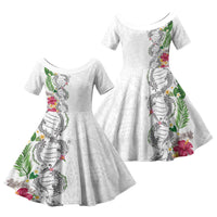 Hawaii DNA Kakau Tattoo Family Matching Summer Maxi Dress and Hawaiian Shirt with Plumeria and Hibiscus Tropical Plants White Color LT03 Daughter's Dress White - Polynesian Pride