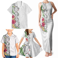 Hawaii DNA Kakau Tattoo Family Matching Tank Maxi Dress and Hawaiian Shirt with Plumeria and Hibiscus Tropical Plants White Color LT03 - Polynesian Pride