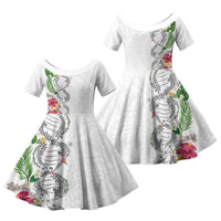 Hawaii DNA Kakau Tattoo Family Matching Tank Maxi Dress and Hawaiian Shirt with Plumeria and Hibiscus Tropical Plants White Color LT03 Daughter's Dress White - Polynesian Pride