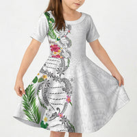 Hawaii DNA Kakau Tattoo Kid Short Sleeve Dress with Plumeria and Hibiscus Tropical Plants White Color