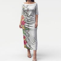 Hawaii DNA Kakau Tattoo Puletasi with Plumeria and Hibiscus Tropical Plants White Color LT03 Long Dress White - Polynesian Pride