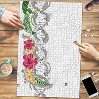 Hawaii DNA Kakau Tattoo Puzzle with Plumeria and Hibiscus Tropical Plants White Color