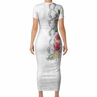 Hawaii DNA Kakau Tattoo Short Sleeve Bodycon Dress with Plumeria and Hibiscus Tropical Plants White Color