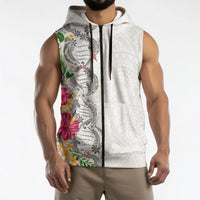 Hawaii DNA Kakau Tattoo Sleeveless Zip Hoodie with Plumeria and Hibiscus Tropical Plants White Color