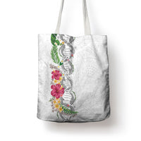 Hawaii DNA Kakau Tattoo Tote Bag with Plumeria and Hibiscus Tropical Plants White Color