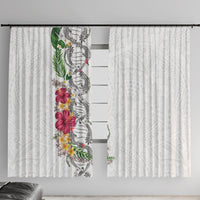 Hawaii DNA Kakau Tattoo Window Curtain with Plumeria and Hibiscus Tropical Plants White Color
