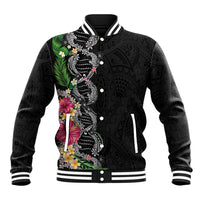 Hawaii DNA Kakau Tattoo Baseball Jacket with Plumeria and Hibiscus Tropical Plants Black Color