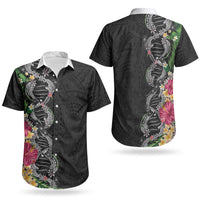 Hawaii DNA Kakau Tattoo Couples Matching Long Sleeve Bodycon Dress and Hawaiian Shirt with Plumeria and Hibiscus Tropical Plants Black Color