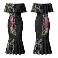 Hawaii DNA Kakau Tattoo Couples Matching Mermaid Dress and Hawaiian Shirt with Plumeria and Hibiscus Tropical Plants Black Color