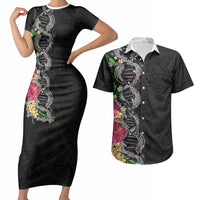 Hawaii DNA Kakau Tattoo Couples Matching Short Sleeve Bodycon Dress and Hawaiian Shirt with Plumeria and Hibiscus Tropical Plants Black Color