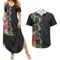 Hawaii DNA Kakau Tattoo Couples Matching Summer Maxi Dress and Hawaiian Shirt with Plumeria and Hibiscus Tropical Plants Black Color