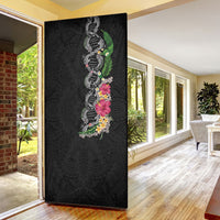Hawaii DNA Kakau Tattoo Door Cover with Plumeria and Hibiscus Tropical Plants Black Color