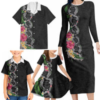 Hawaii DNA Kakau Tattoo Family Matching Long Sleeve Bodycon Dress and Hawaiian Shirt with Plumeria and Hibiscus Tropical Plants Black Color LT03 - Polynesian Pride
