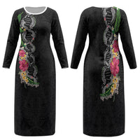 Hawaii DNA Kakau Tattoo Family Matching Long Sleeve Bodycon Dress and Hawaiian Shirt with Plumeria and Hibiscus Tropical Plants Black Color LT03 Mom's Dress Black - Polynesian Pride