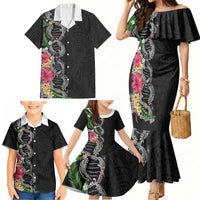 Hawaii DNA Kakau Tattoo Family Matching Mermaid Dress and Hawaiian Shirt with Plumeria and Hibiscus Tropical Plants Black Color LT03 - Polynesian Pride