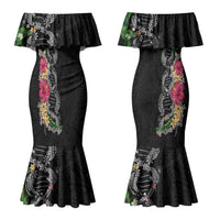 Hawaii DNA Kakau Tattoo Family Matching Mermaid Dress and Hawaiian Shirt with Plumeria and Hibiscus Tropical Plants Black Color LT03 Mom's Dress Black - Polynesian Pride