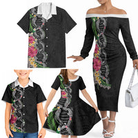 Hawaii DNA Kakau Tattoo Family Matching Off The Shoulder Long Sleeve Dress and Hawaiian Shirt with Plumeria and Hibiscus Tropical Plants Black Color LT03 - Polynesian Pride