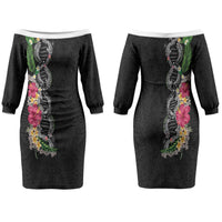Hawaii DNA Kakau Tattoo Family Matching Off The Shoulder Long Sleeve Dress and Hawaiian Shirt with Plumeria and Hibiscus Tropical Plants Black Color LT03 Mom's Dress Black - Polynesian Pride