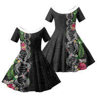 Hawaii DNA Kakau Tattoo Family Matching Off The Shoulder Long Sleeve Dress and Hawaiian Shirt with Plumeria and Hibiscus Tropical Plants Black Color LT03 Daughter's Dress Black - Polynesian Pride