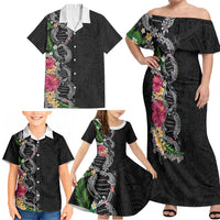 Hawaii DNA Kakau Tattoo Family Matching Off Shoulder Maxi Dress and Hawaiian Shirt with Plumeria and Hibiscus Tropical Plants Black Color LT03 - Polynesian Pride