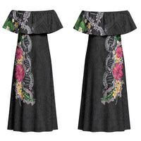 Hawaii DNA Kakau Tattoo Family Matching Off Shoulder Maxi Dress and Hawaiian Shirt with Plumeria and Hibiscus Tropical Plants Black Color LT03 Mom's Dress Black - Polynesian Pride
