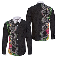 Hawaii DNA Kakau Tattoo Family Matching Off Shoulder Maxi Dress and Hawaiian Shirt with Plumeria and Hibiscus Tropical Plants Black Color LT03 Dad's Shirt - Long Sleeve Black - Polynesian Pride