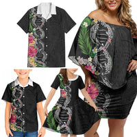 Hawaii DNA Kakau Tattoo Family Matching Off Shoulder Short Dress and Hawaiian Shirt with Plumeria and Hibiscus Tropical Plants Black Color LT03 - Polynesian Pride