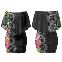 Hawaii DNA Kakau Tattoo Family Matching Off Shoulder Short Dress and Hawaiian Shirt with Plumeria and Hibiscus Tropical Plants Black Color LT03 Mom's Dress Black - Polynesian Pride