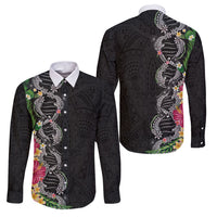Hawaii DNA Kakau Tattoo Family Matching Off Shoulder Short Dress and Hawaiian Shirt with Plumeria and Hibiscus Tropical Plants Black Color LT03 Dad's Shirt - Long Sleeve Black - Polynesian Pride