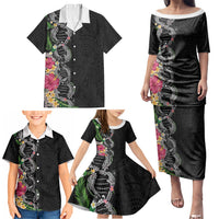 Hawaii DNA Kakau Tattoo Family Matching Puletasi and Hawaiian Shirt with Plumeria and Hibiscus Tropical Plants Black Color LT03 - Polynesian Pride