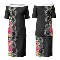 Hawaii DNA Kakau Tattoo Family Matching Puletasi and Hawaiian Shirt with Plumeria and Hibiscus Tropical Plants Black Color LT03 Mom's Dress Black - Polynesian Pride