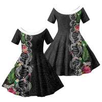Hawaii DNA Kakau Tattoo Family Matching Puletasi and Hawaiian Shirt with Plumeria and Hibiscus Tropical Plants Black Color LT03 Daughter's Dress Black - Polynesian Pride