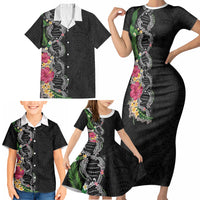 Hawaii DNA Kakau Tattoo Family Matching Short Sleeve Bodycon Dress and Hawaiian Shirt with Plumeria and Hibiscus Tropical Plants Black Color LT03 - Polynesian Pride