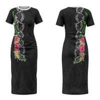 Hawaii DNA Kakau Tattoo Family Matching Short Sleeve Bodycon Dress and Hawaiian Shirt with Plumeria and Hibiscus Tropical Plants Black Color