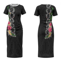 Hawaii DNA Kakau Tattoo Family Matching Short Sleeve Bodycon Dress and Hawaiian Shirt with Plumeria and Hibiscus Tropical Plants Black Color LT03 Mom's Dress Black - Polynesian Pride