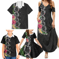 Hawaii DNA Kakau Tattoo Family Matching Summer Maxi Dress and Hawaiian Shirt with Plumeria and Hibiscus Tropical Plants Black Color LT03 - Polynesian Pride
