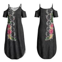 Hawaii DNA Kakau Tattoo Family Matching Summer Maxi Dress and Hawaiian Shirt with Plumeria and Hibiscus Tropical Plants Black Color LT03 Mom's Dress Black - Polynesian Pride