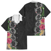 Hawaii DNA Kakau Tattoo Family Matching Summer Maxi Dress and Hawaiian Shirt with Plumeria and Hibiscus Tropical Plants Black Color LT03 Dad's Shirt - Short Sleeve Black - Polynesian Pride