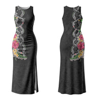 Hawaii DNA Kakau Tattoo Family Matching Tank Maxi Dress and Hawaiian Shirt with Plumeria and Hibiscus Tropical Plants Black Color LT03 Mom's Dress Black - Polynesian Pride