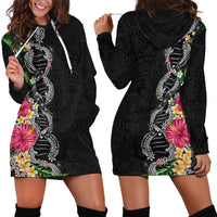 Hawaii DNA Kakau Tattoo Hoodie Dress with Plumeria and Hibiscus Tropical Plants Black Color LT03 - Polynesian Pride