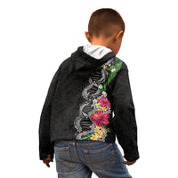 Hawaii DNA Kakau Tattoo Kid Hoodie with Plumeria and Hibiscus Tropical Plants Black Color
