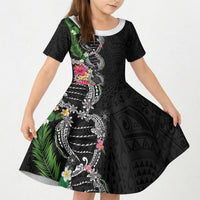 Hawaii DNA Kakau Tattoo Kid Short Sleeve Dress with Plumeria and Hibiscus Tropical Plants Black Color LT03 KID Black - Polynesian Pride