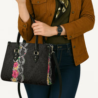 Hawaii DNA Kakau Tattoo Leather Bag with Plumeria and Hibiscus Tropical Plants Black Color