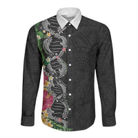 Hawaii DNA Kakau Tattoo Long Sleeve Button Shirt with Plumeria and Hibiscus Tropical Plants Black Color