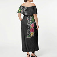 Hawaii DNA Kakau Tattoo Off Shoulder Maxi Dress with Plumeria and Hibiscus Tropical Plants Black Color LT03 - Polynesian Pride